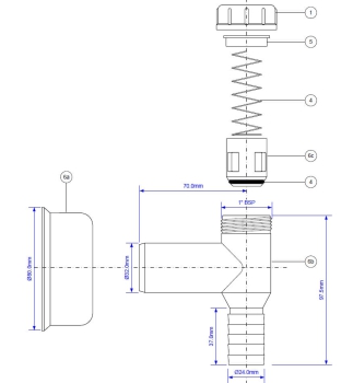 Preview: Technische Zeichnung eines Waschmaschinen-Siphons mit Kugelsperre DN32 inklusive Maßangaben